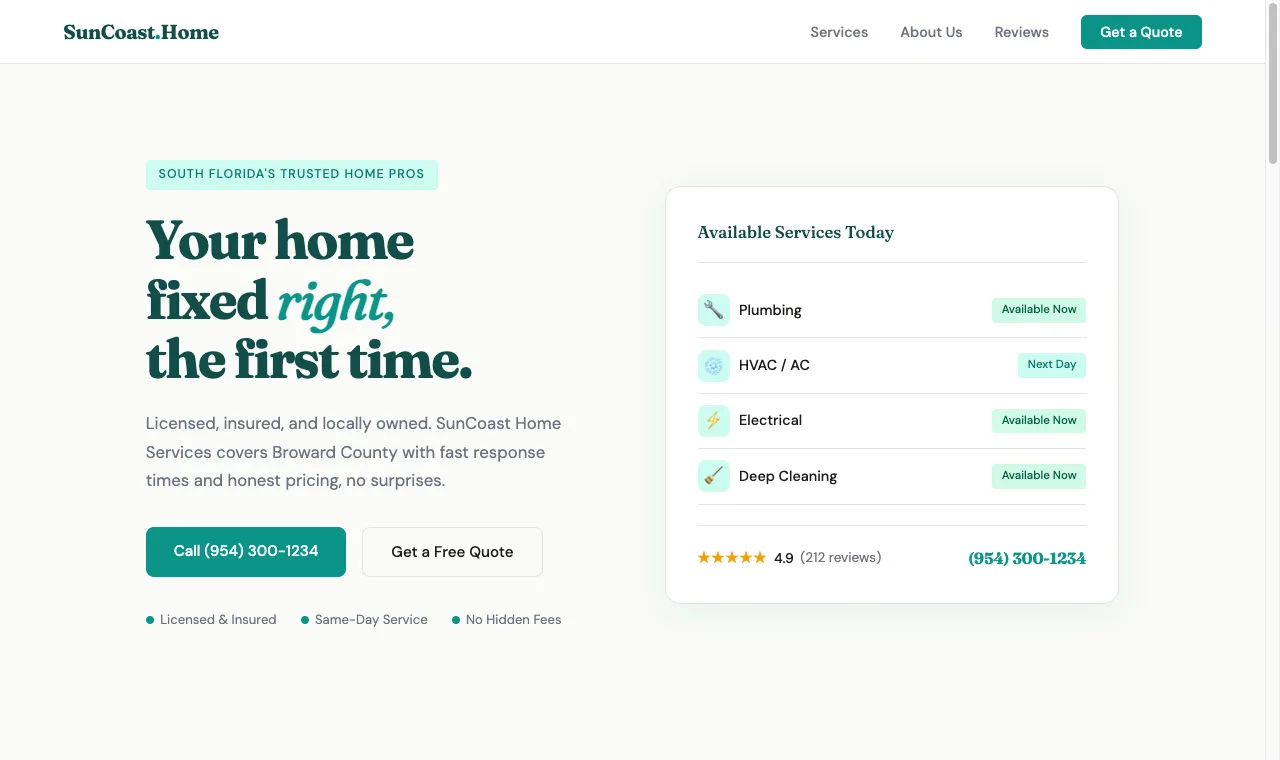 Screenshot of the SunCoast Home Services sample site